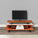 62 Inch Kate Acacia Wood TV Cabinet with Staggered 3 Tier Design and Sled Base, Brown and Black