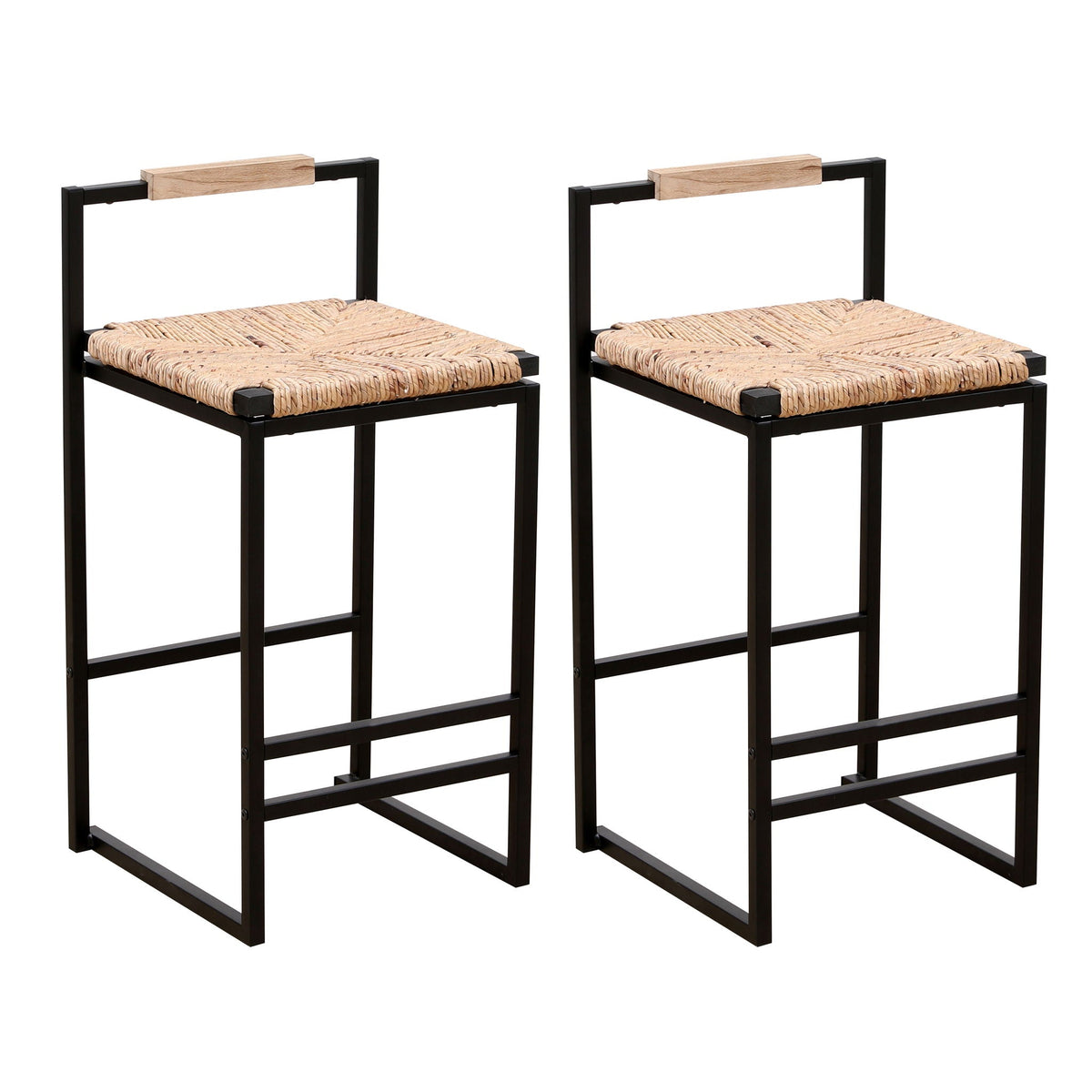 Water Hyacinth Woven Bar Stools With Back Support, Counter Height Dining Chairs (Set of 2) - Natural