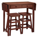 3 Piece Handcrafted Kitchen Island Breakfast Table Set, 2 Drawers, Rubberwood, Stools, Walnut Brown