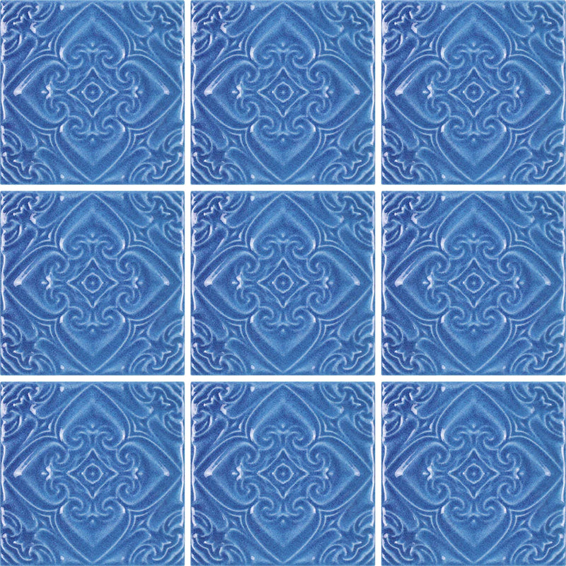 Aquatica Indiano Azzurro Deco Porcelain Pool Tile 6"x6" - Melange Collection