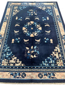 Hand-Knotted Antique Chinese Peking Wool Rug – 5’6” x 7’6” – Full Pile Navy and Cream Design