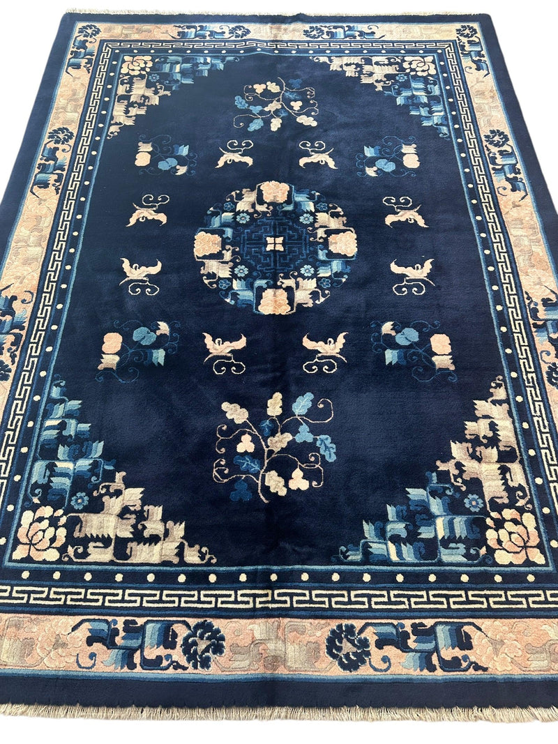 Hand-Knotted Antique Chinese Peking Wool Rug – 5’6” x 7’6” – Full Pile Navy and Cream Design