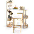3 Pieces Bar Table Set with Storage Shelves and Wine Rack-Golden
