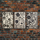 Black and White Floral Print, 3 Piece Framed Canvas Art, Boho Rustic Farmhouse Decor, Living Room Art, Minimalist Wall Art