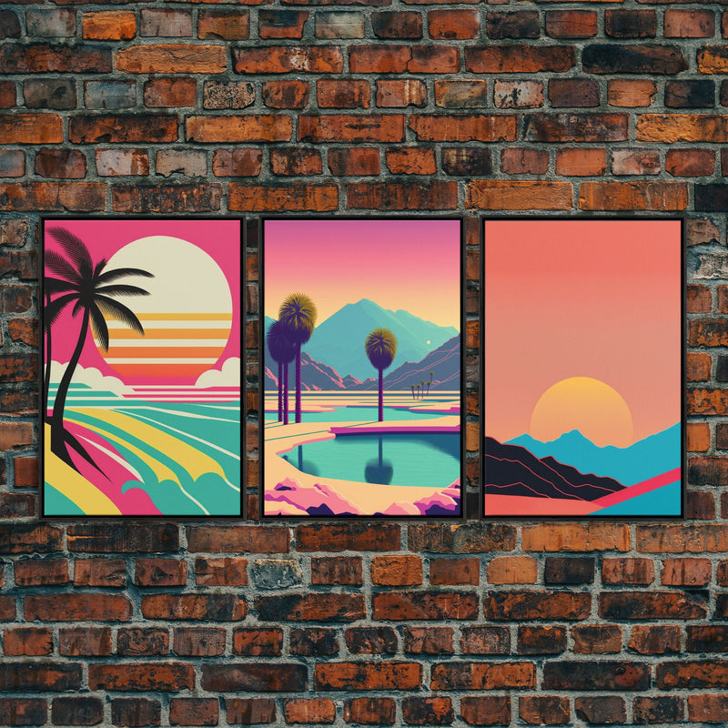 Beach Vibes - Midcentury / Art Deco / 80 Vibes Mash up - Framed Canvas Prints - Turquoise Sky and Palme Trees - 3 Panel Art, Triptych Prints