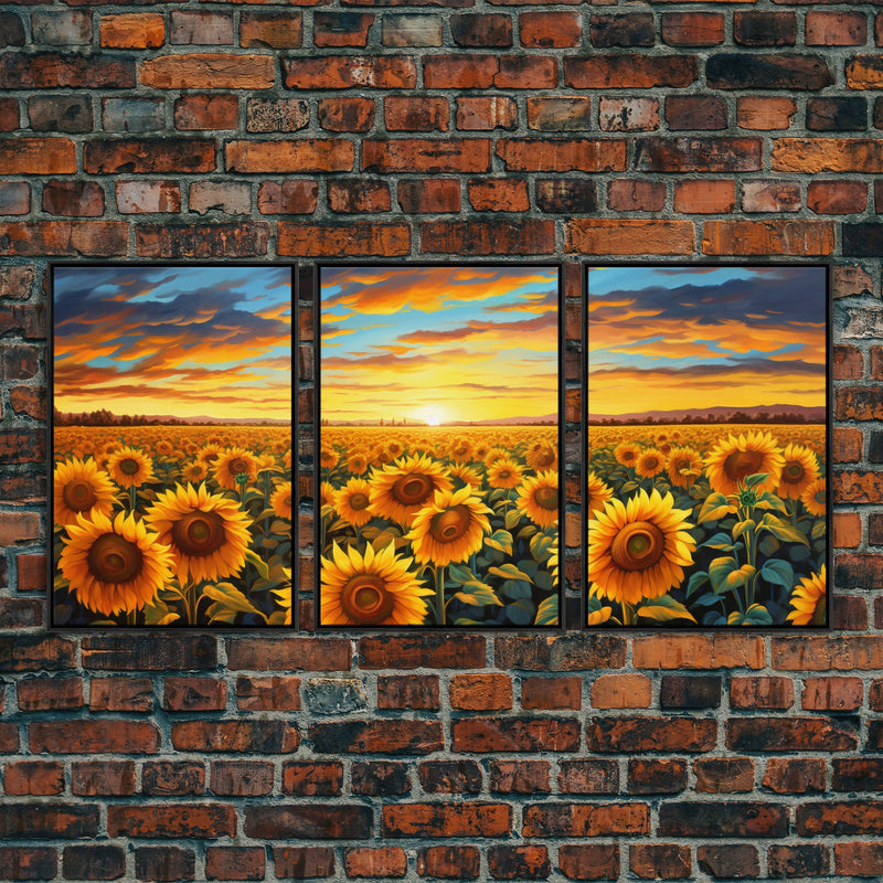 Beautiful Canvas Print Set | Sunflowers Wall Art Triptych | Botanical Print Set | Living Room Wall Art | Flower Illustrations | Flower Art