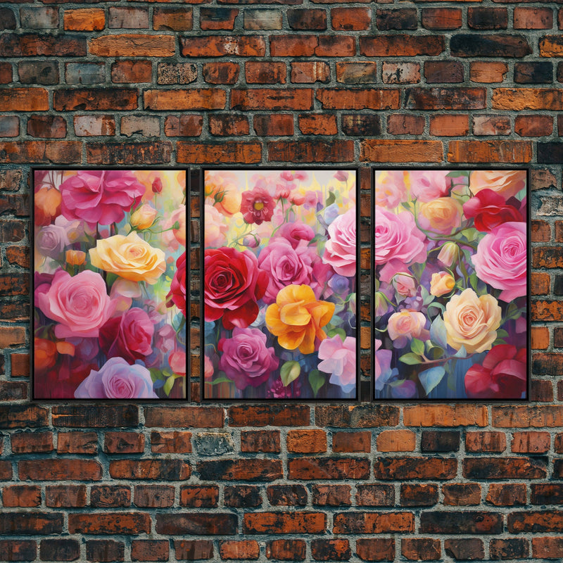 Beautiful Rose Art, Framed Canvas Print, Floral Art, Botanical  Decor, Blue and Yellow Roses, 3 Piece Art Set