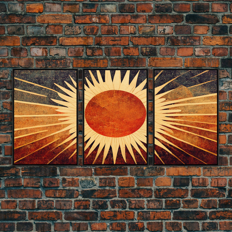 Abstract Midcentury Modern Sunburst, Art Deco Style art, sun with rays, sun burst, boho style, 3 Piece Wall Art, Ready To Hang Canvas Print