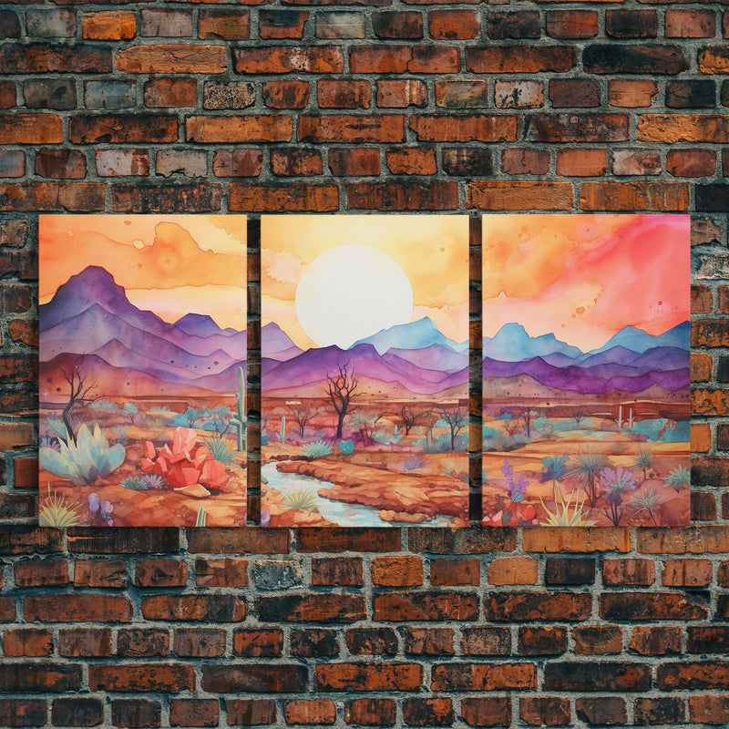 Black Framed 3 Piece Wall Art, Southwestern Desert Scene at Sunset, Minimalist Wall Art, MCM Style Midcentury Wall Decor, Above Sofa Art