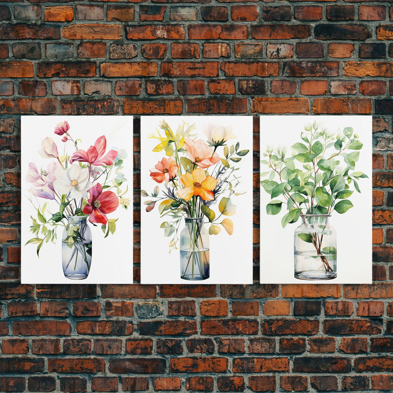 3 Piece Set, Cute Kawaii Floral Print, Flowers In Vases, Framed Wall Art, Canvas Print, Botanical Wall Decor, Boho Kitchen Art, French Art