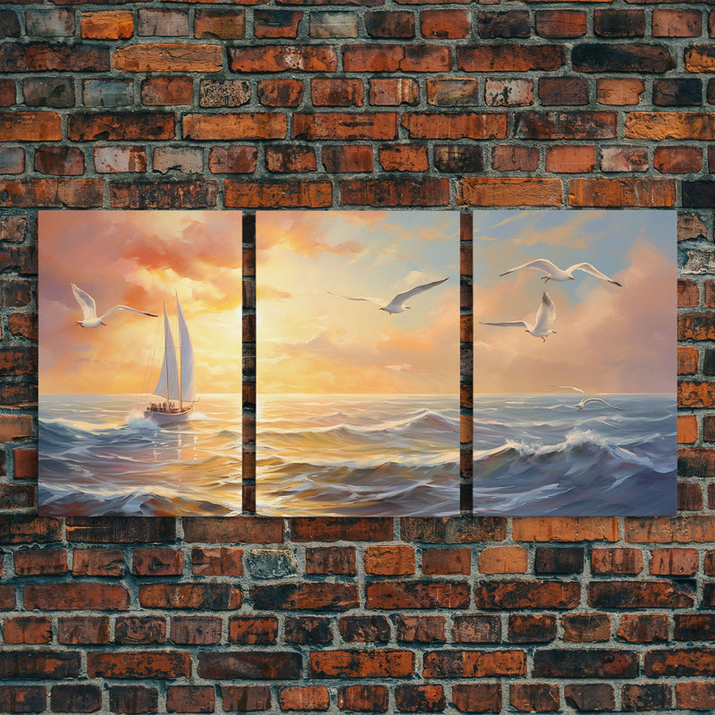 Beautiful Ocean At Sunset 3 Piece Canvas Print Wall Art, Above Sofa, Abstract Art, Modern Art, Minimalism Lakehouse Decor