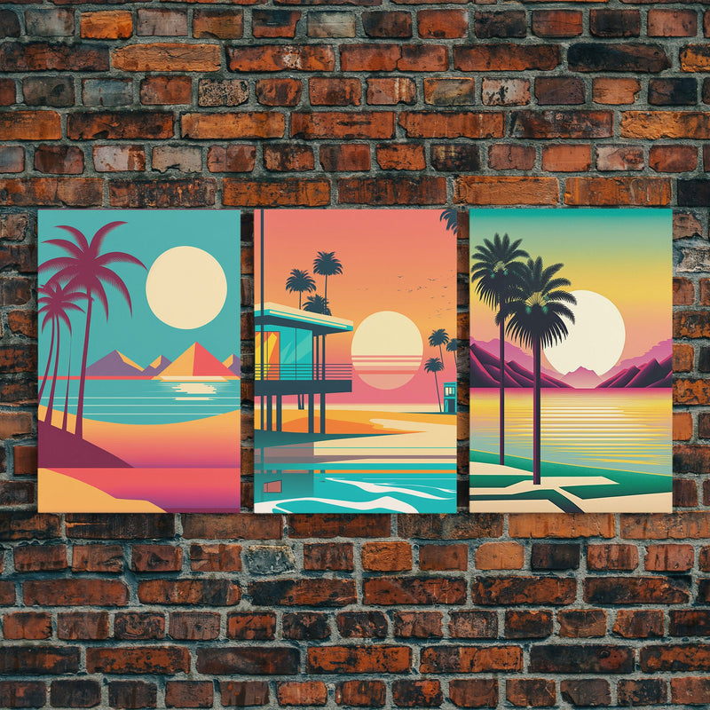 Beautiful Turquoise Retro Style Beach Art, Triptych 3 Panel Framed Canvas Prints, Palm Trees and Sunset, 80s Vibes Vaporwave Art Deco Mashup