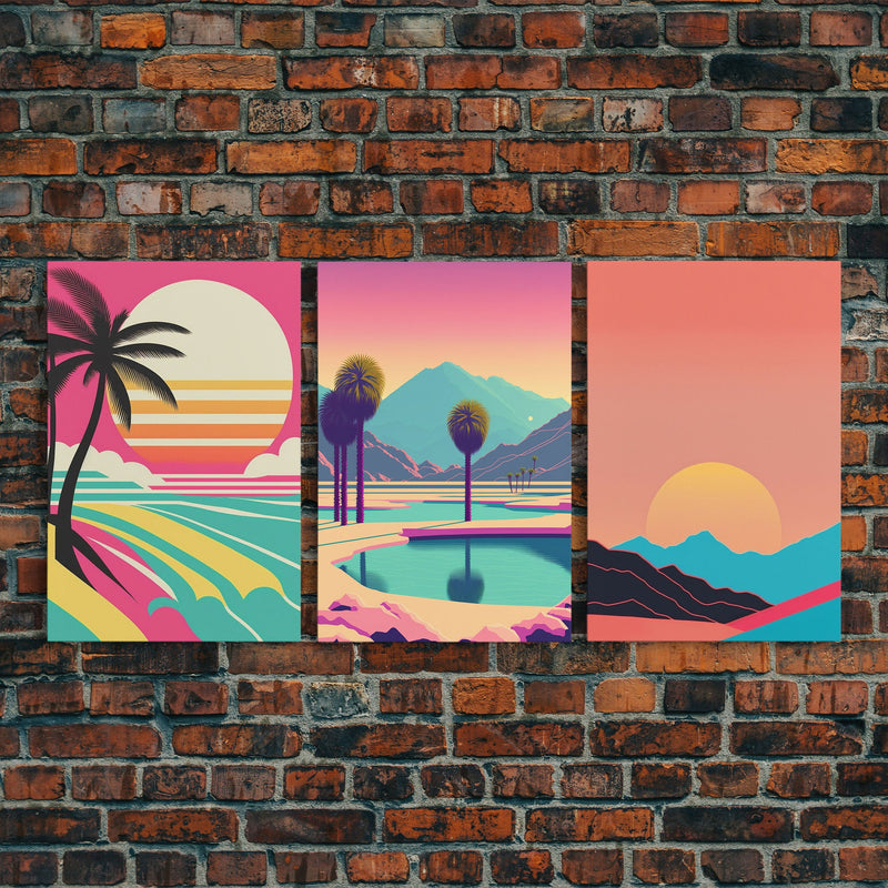 Beach Vibes - Midcentury / Art Deco / 80 Vibes Mash up - Framed Canvas Prints - Turquoise Sky and Palme Trees - 3 Panel Art, Triptych Prints