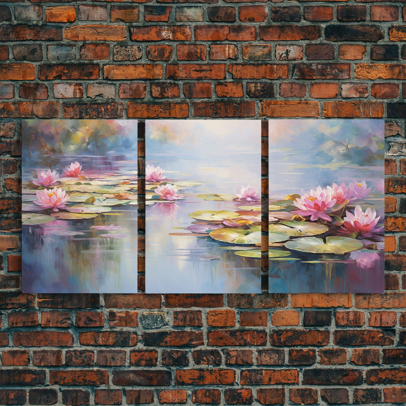 Water Lily Art, Lotus Wall Print, Lake Wall Art, Canvas Print, Wall Art, 3 Piece Wall Art, Botanical Art Print, Boho Wall Art, Kitchen Art