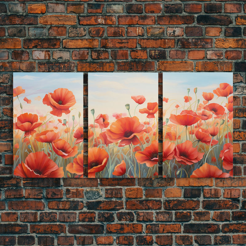 Beautiful Red Flowers, Wildflower Art, Framed Canvas Prints, 3 Piece Set, Triptych, Wall Art, Botanical Art, Floral Decor, Boho Style Art