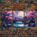Synthwave Japanese Style Art, Framed Canvas Print, 3 Piece Triptych Set, Retro 80s Style Wall Art, Above Sofa Decor, Cool Wall Art