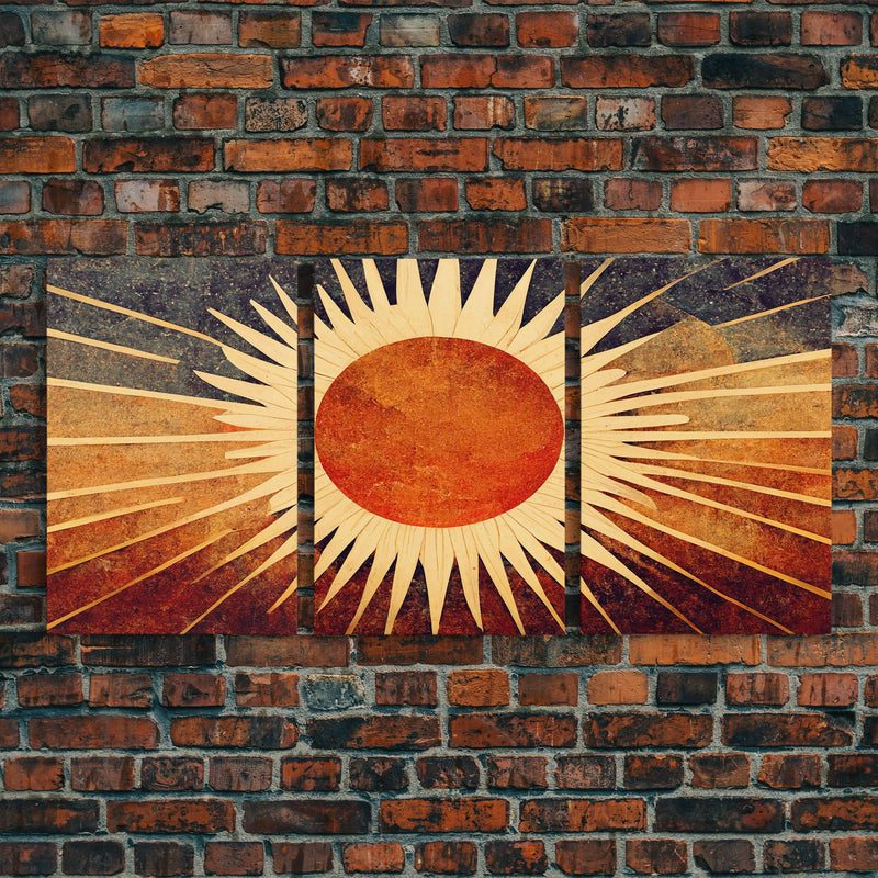 Abstract Midcentury Modern Sunburst, Art Deco Style art, sun with rays, sun burst, boho style, 3 Piece Wall Art, Ready To Hang Canvas Print