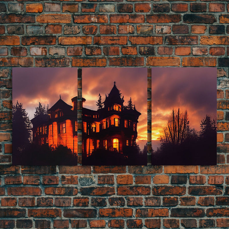 3 Piece Canvas Wall Decor, Ready To Hang Canvas Prints, Victorian Style Haunted House, Spooky Halloween Wall Art Decor