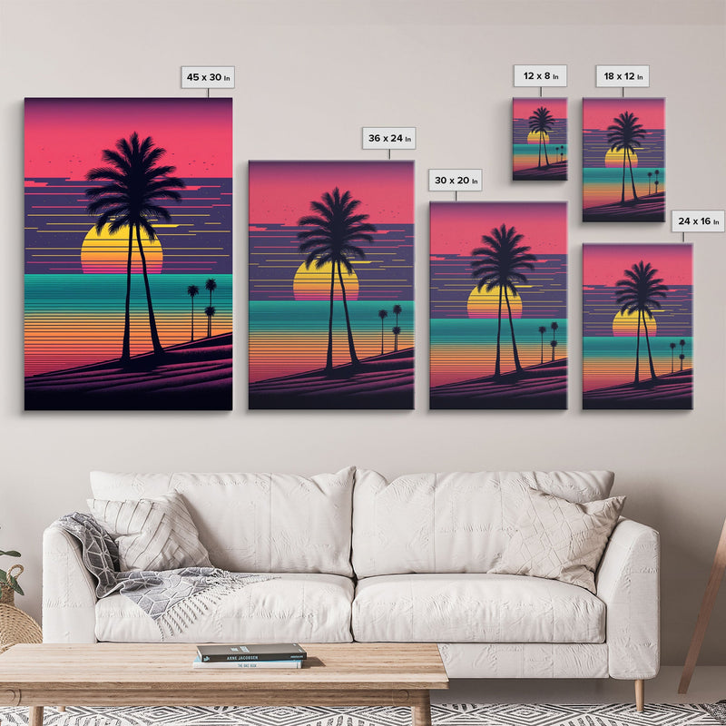 Beach Vibes, 3 Panel Wall Art, Framed Canvas Prints, Triptych Art, 3 Piece, 80s Vibes Vaporwave Wall Art, Life Guard Hut and Palm Trees