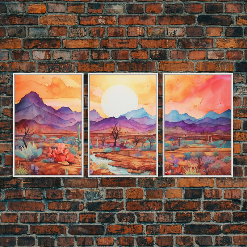 Black Framed 3 Piece Wall Art, Southwestern Desert Scene at Sunset, Minimalist Wall Art, MCM Style Midcentury Wall Decor, Above Sofa Art