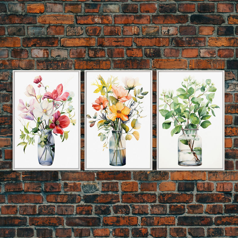 3 Piece Set, Cute Kawaii Floral Print, Flowers In Vases, Framed Wall Art, Canvas Print, Botanical Wall Decor, Boho Kitchen Art, French Art