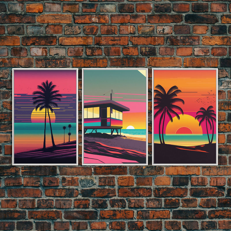 Beach Vibes, 3 Panel Wall Art, Framed Canvas Prints, Triptych Art, 3 Piece, 80s Vibes Vaporwave Wall Art, Life Guard Hut and Palm Trees