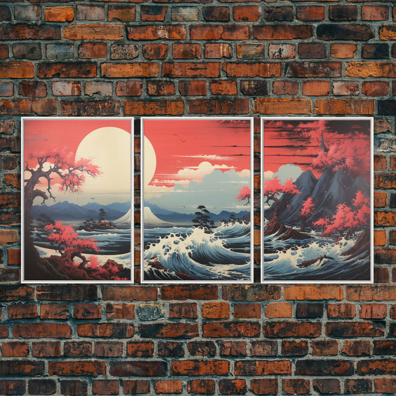 Asian Art, Japanese Wall Art, Mountains Print, Sunset Print, Canvas Print, Wall Art, 3 Piece Wall Art, Dorm Room Art, Gaming Wall Decor