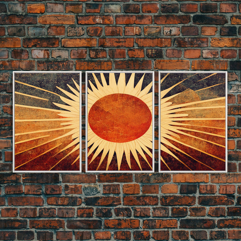 Abstract Midcentury Modern Sunburst, Art Deco Style art, sun with rays, sun burst, boho style, 3 Piece Wall Art, Ready To Hang Canvas Print