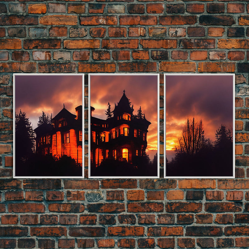 3 Piece Canvas Wall Decor, Ready To Hang Canvas Prints, Victorian Style Haunted House, Spooky Halloween Wall Art Decor