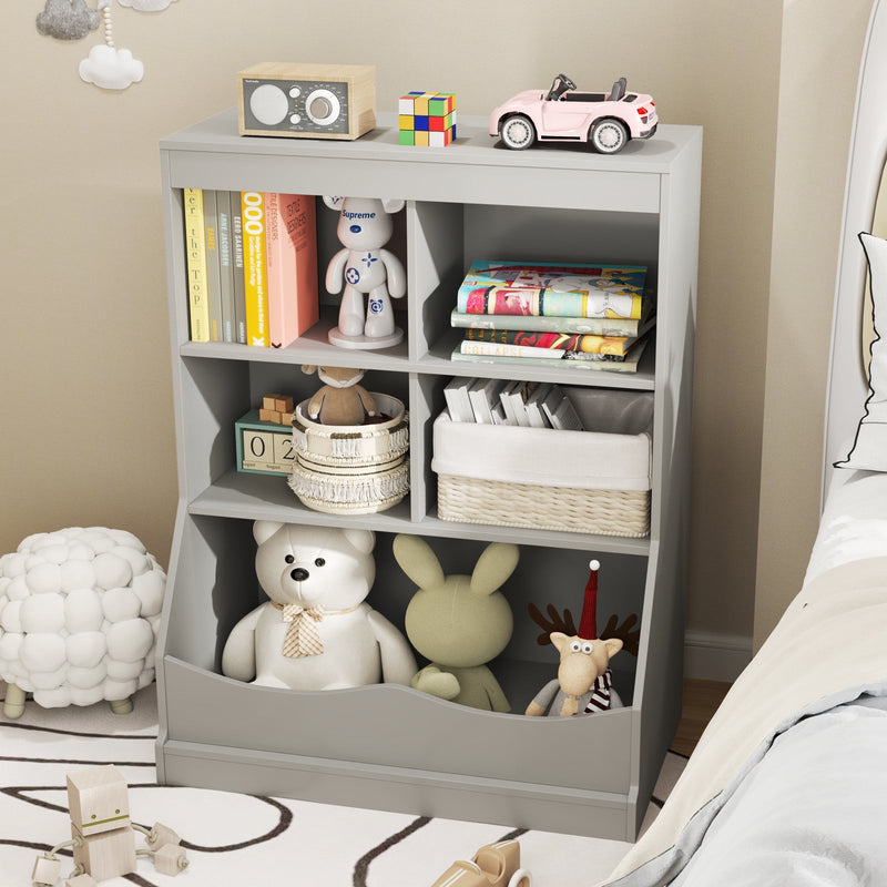 3-Tier Children's Multi-Functional Bookcase Toy Storage Bin Floor Cabinet-Gray, photo 2 of 8