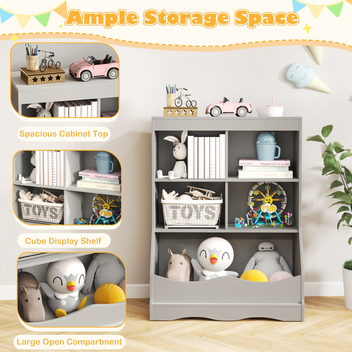 3-Tier Children's Multi-Functional Bookcase Toy Storage Bin Floor Cabinet-Gray, photo 7 of 8