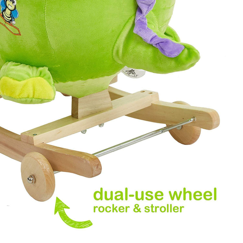 Rocking Horse Toys Baby 2-in-1 Wooden Plush Rocker Seat Ride-On Stroller with Seat Belt, Green Dinosaur