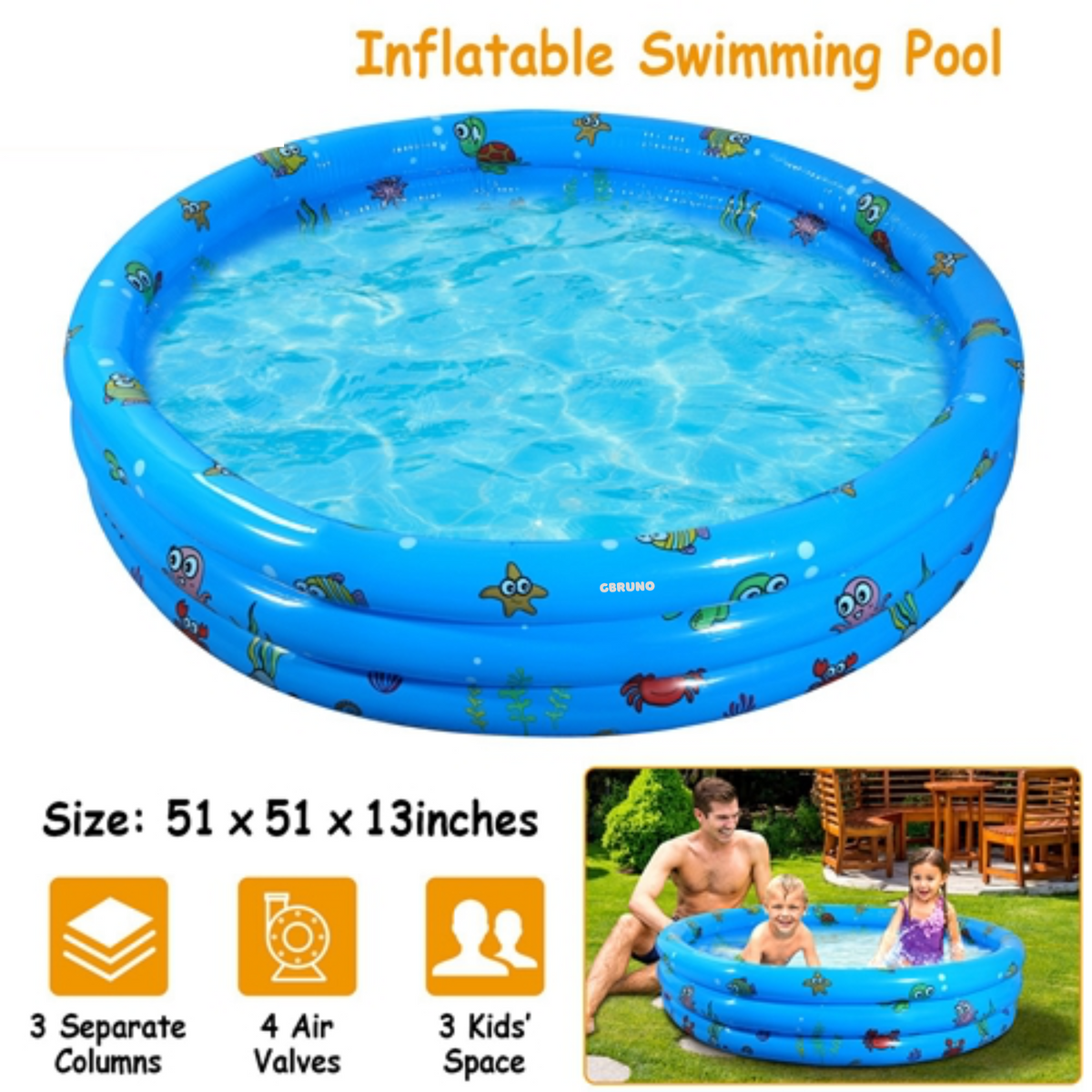51x13Ó Inflatable Swimming Pool Blow Up Family Pool For 3 Kids Foldable Swim Ball Pool Center w/ 4 Valves Bottom Water Drain Plug For Indoor Backyard, photo 5 of 15