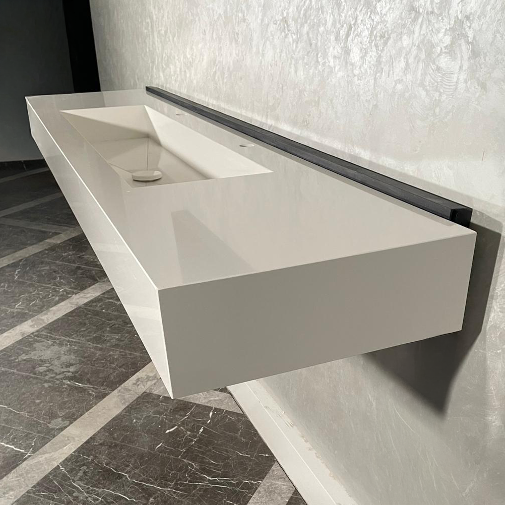 White Quartz Large Bathroom Trough Sink Wall Mount Contemporary Design, photo 4 of 13