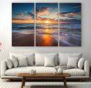 Sunset on the Ocean Beach with Waves, Reflections on Sand,