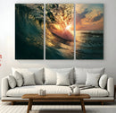 Ocean Wave Sunset Canvas Wall Art – Triptych Seascape Print