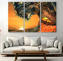 Surf Wave Sunset Canvas Wall Art Print, 3-Panel Ocean