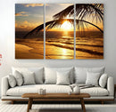 Golden Tropical Beach Sunset Canvas Triptych, Coastal Palm