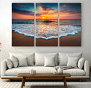 Sunset Beach Canvas Wall Art – Colorful Ocean Waves Triptych