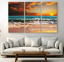 Golden Sunset Beach Canvas Wall Art – Triptych Seascape