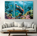 Sea Turtle and Coral Reef Triptych Wall Art – Vibrant