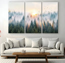 Misty Pine Forest Wall Art Canvas, Sunrise Over Foggy Trees