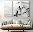 Surfers on Waves Wall Art Canvas Print – Framed Black and