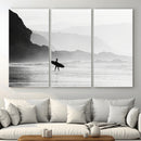 Surfer Beach Wall Art – Framed Black White Ocean Canvas