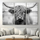 Black White Highland Cow Wall Art Canvas Print
