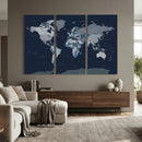 Blue Detailed World Map Wall Art Canvas Print, Modern Framed