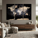 Grunge World Map Wall Art | 3-Panel Large Beige and Brown