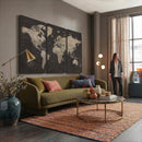 World Map Canvas Wall Art Dark Charcoal Antique Tan Detailed