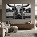 Black White Texas Longhorn Bull Canvas Wall Art, Western Ranch Cattle Photography Print, Rustic Farmhouse Cowboy Decor Artwork