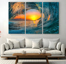Ocean Wave Sunset Wall Art | Large Coastal Wave Canvas Print